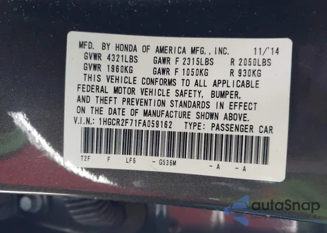 2015 Honda Accord Ex z USA, uszkodzony, nr VIN 1HGCR2F71FA059162